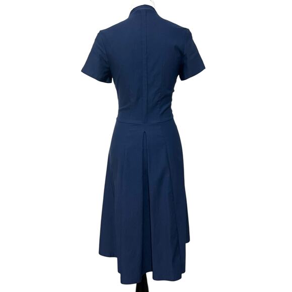 Miss Lulo Dress Navy Blue Midi Fit & Flare Pleated Short Sleeve Stretch Womens L - Picture 6 of 9